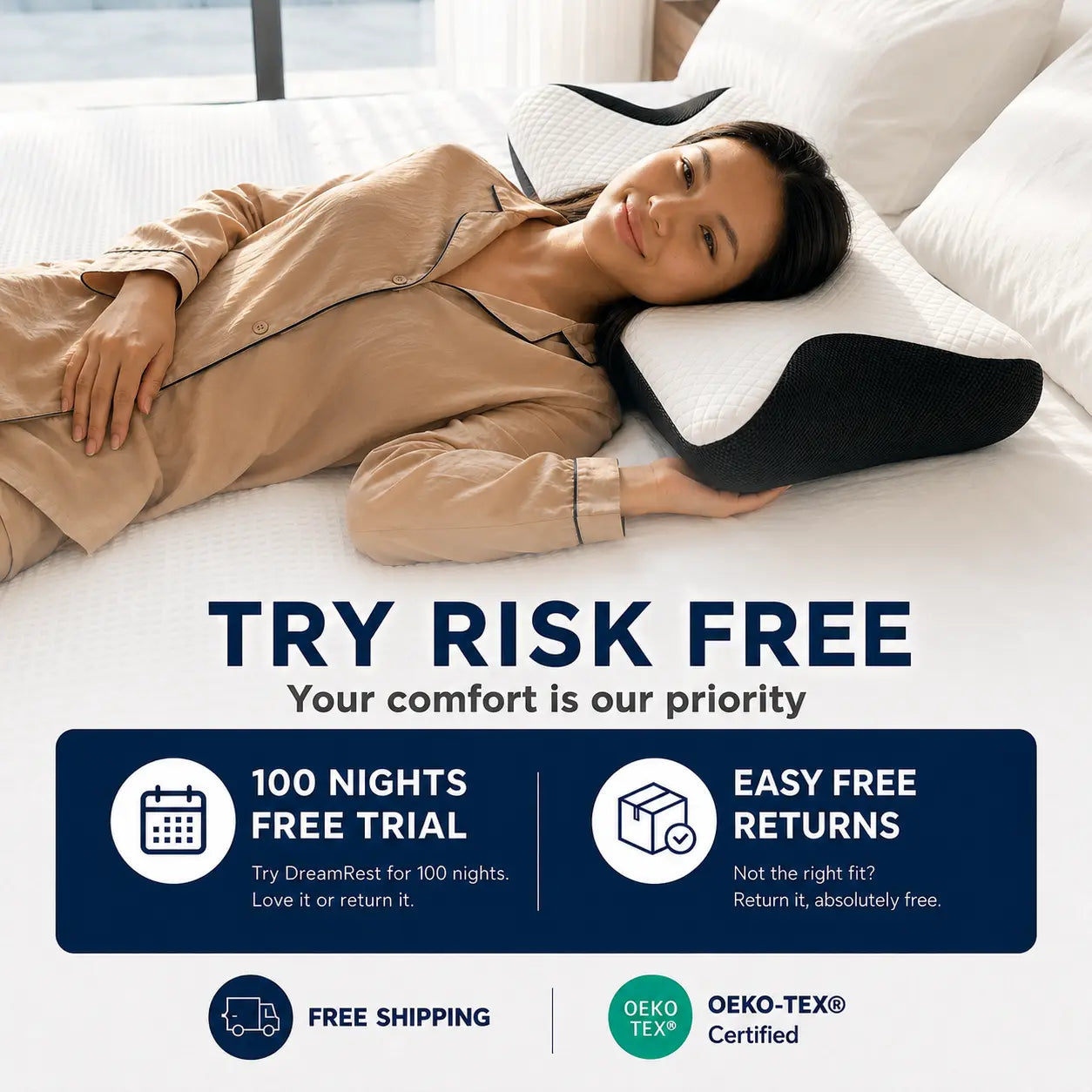 Woman resting on DreamRest ergonomic memory foam pillow with 100-night risk-free trial, free returns, free shipping, and OEKO-TEX certified comfort.