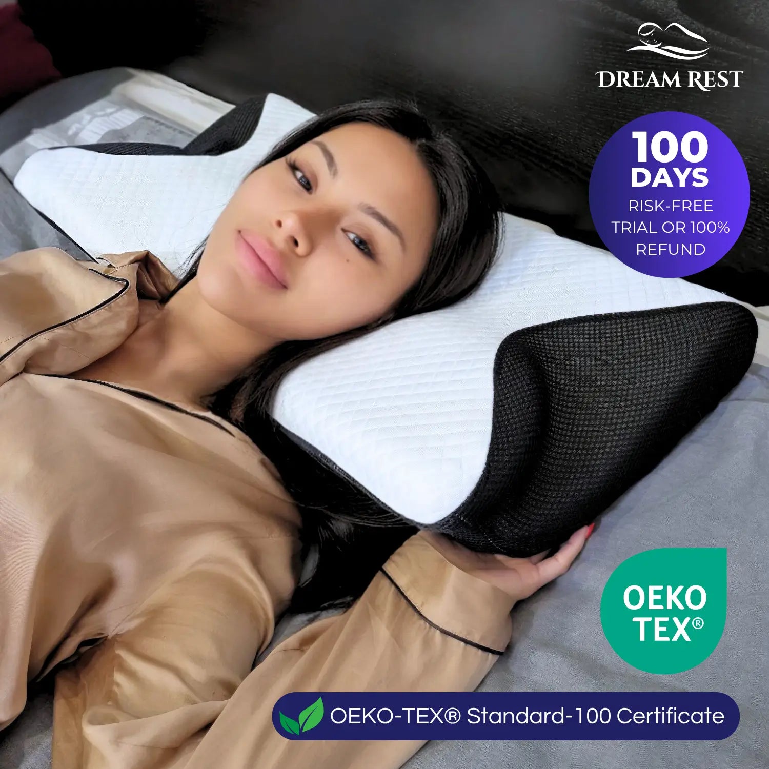 Woman lying on a Dream Rest pillow with product branding and certification logos.