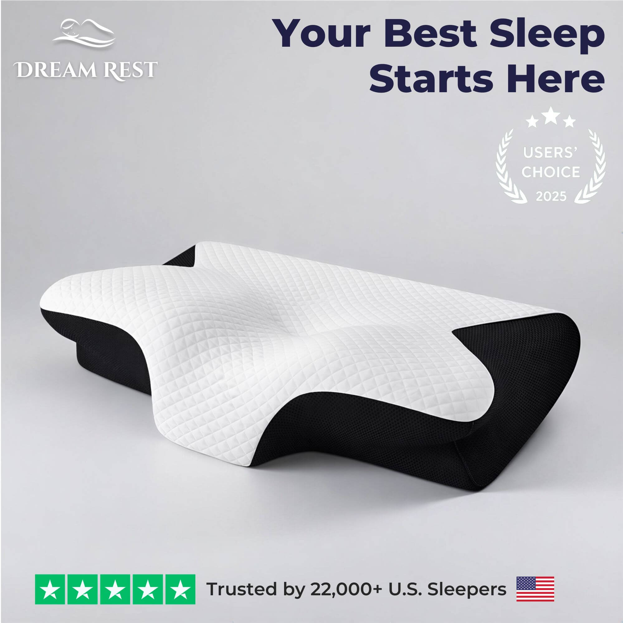 White and black pillow with 'Dream Rest' branding and user choice badge on a gray background