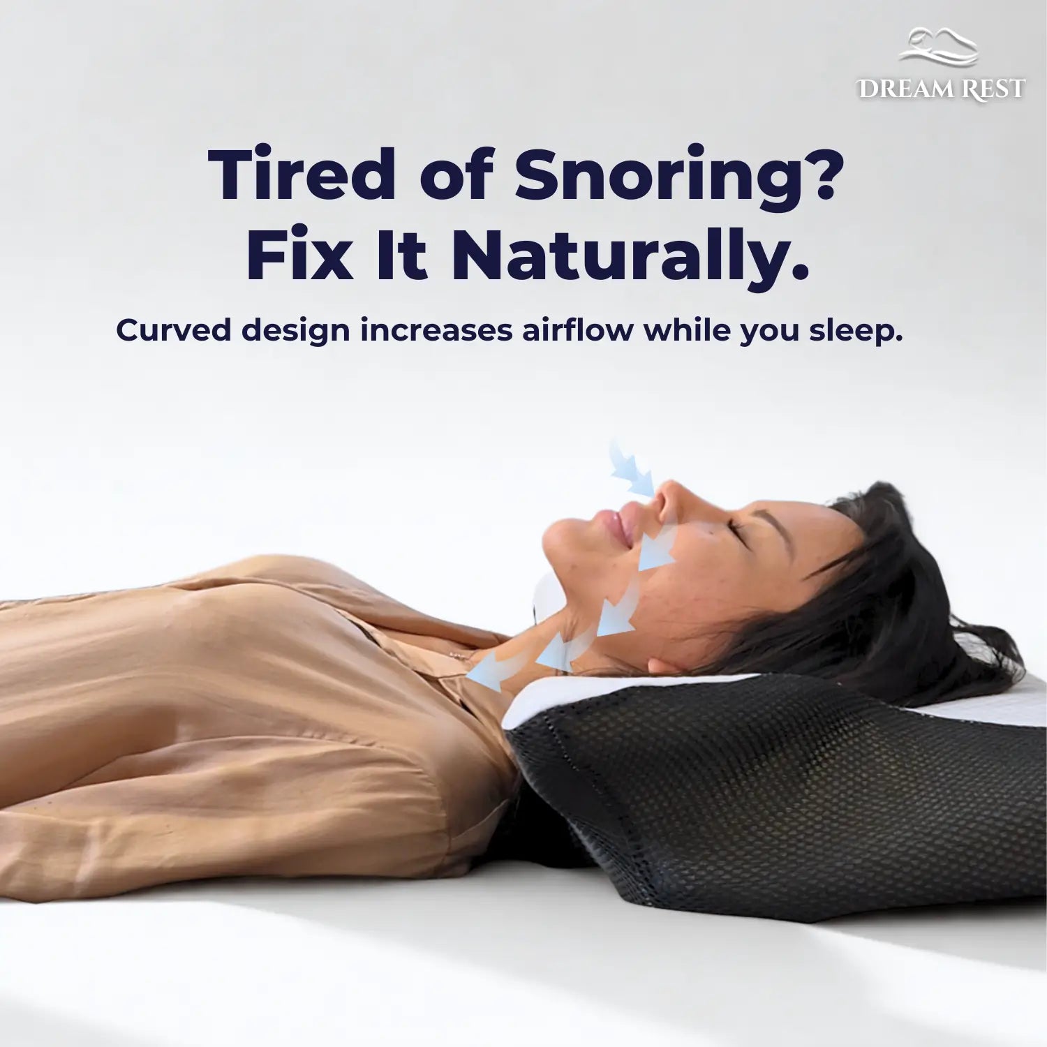 Person using aDream Rest product to fix snoring with text on a light gray background