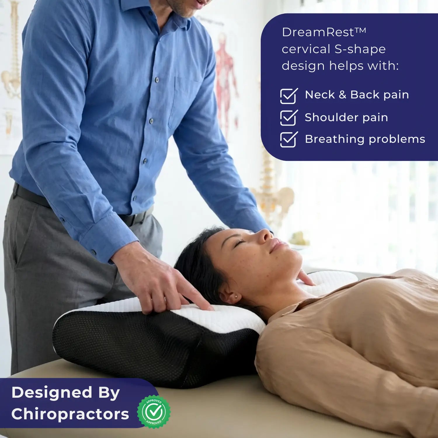 Person using a cervical pillow with a chiropractor, promoting relief from neck and back pain.