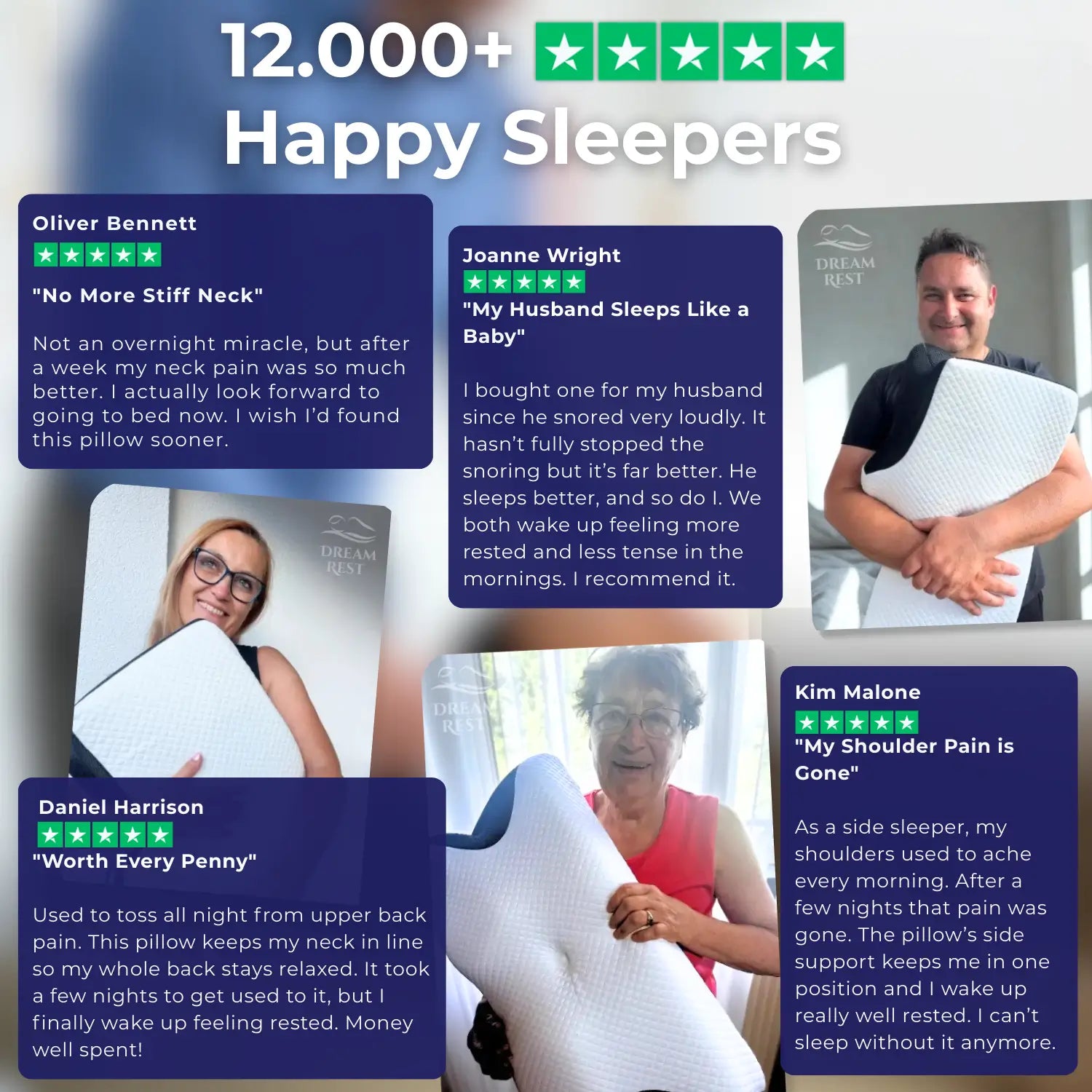 Promotional image of a pillow with customer testimonials and a 5-star rating.