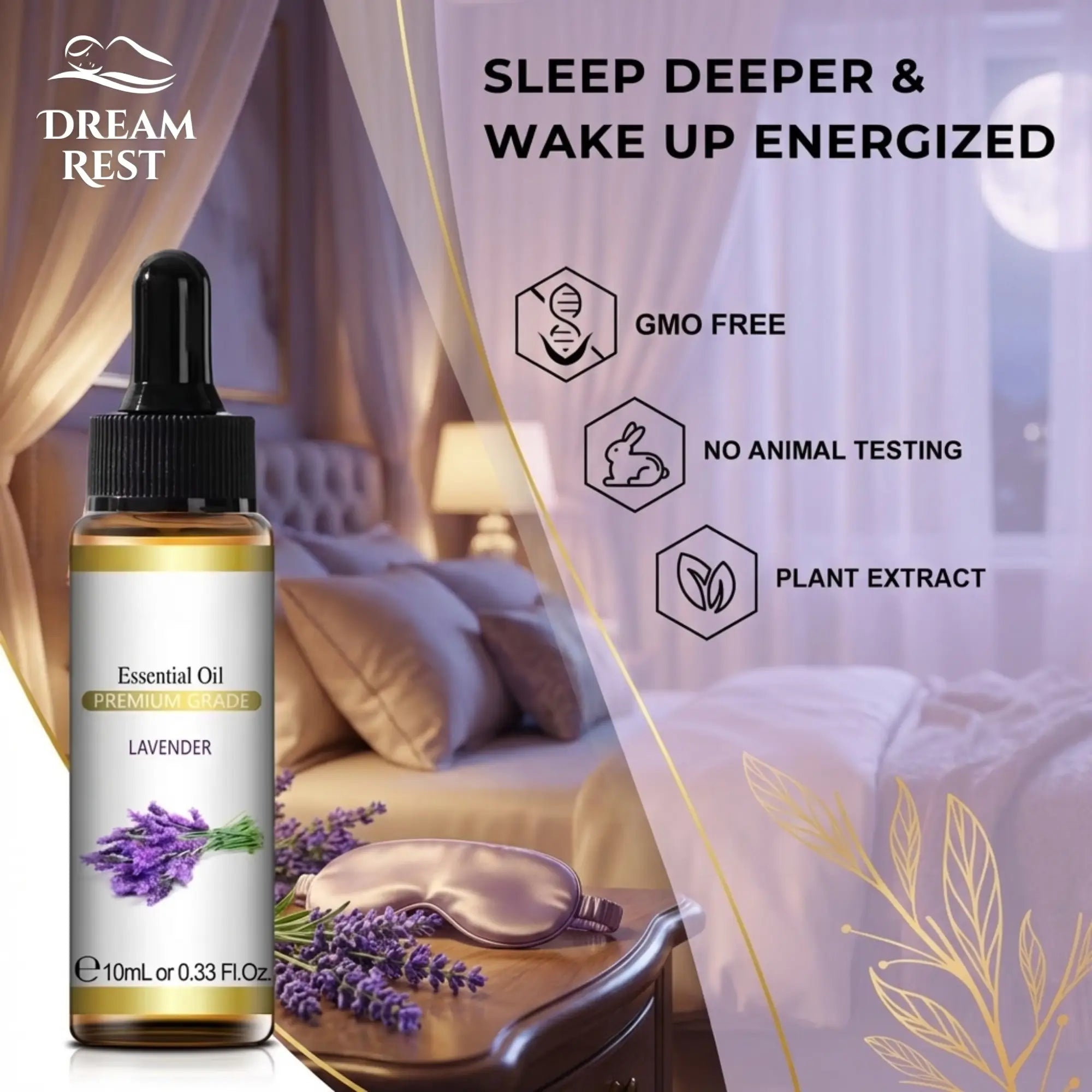 Dream Rest essential oil bottle for deep sleep with lavender, bedroom setting, and product features.