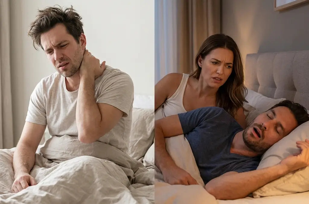 Two scenes of a man experiencing snoring issues with a woman in a bedroom setting.