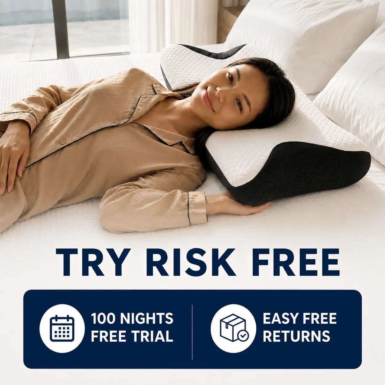 Woman resting on DreamRest ergonomic memory foam pillow with 100-night risk-free trial, free returns.