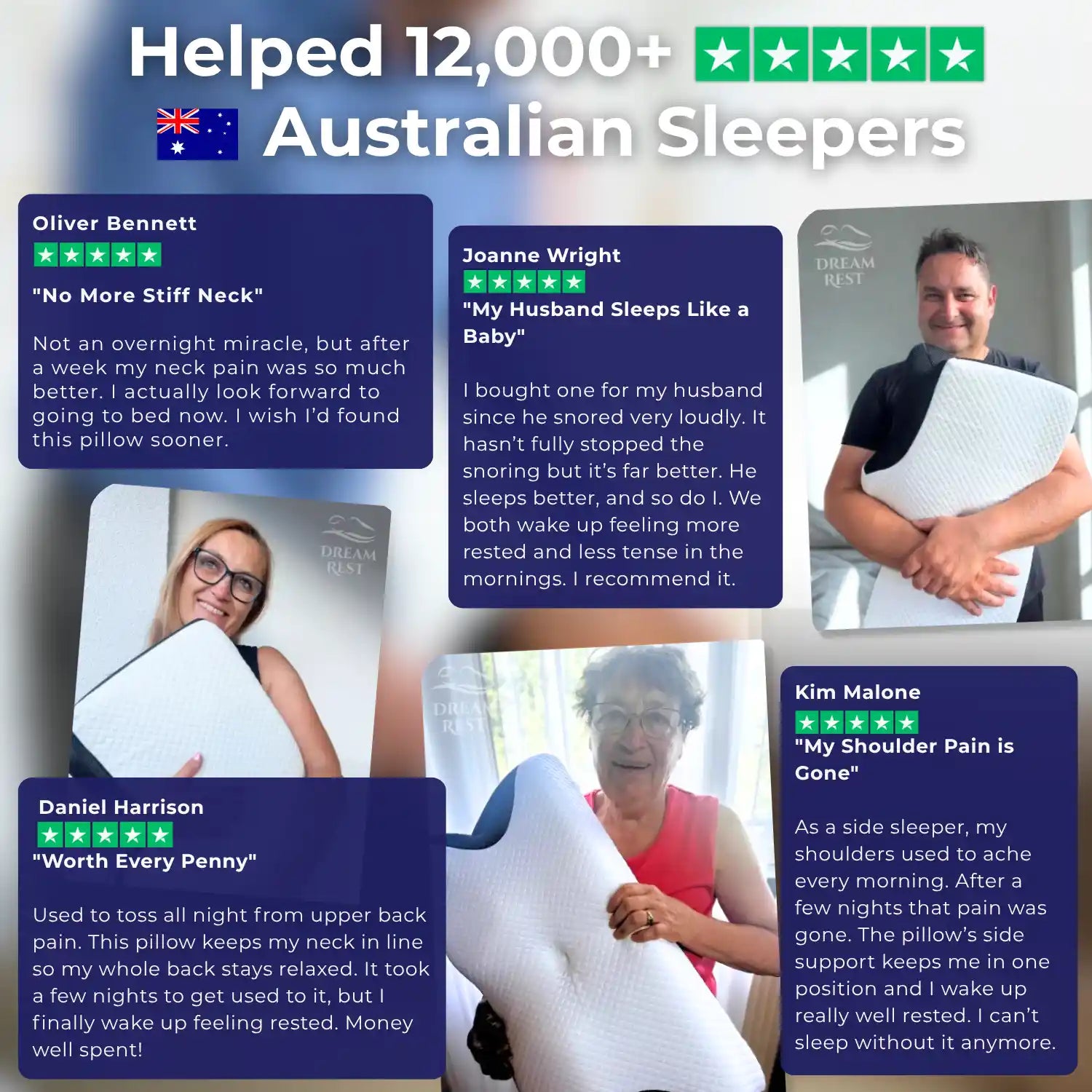 Promotional image of a pillow with customer testimonials and reviews with a 5-star rating.