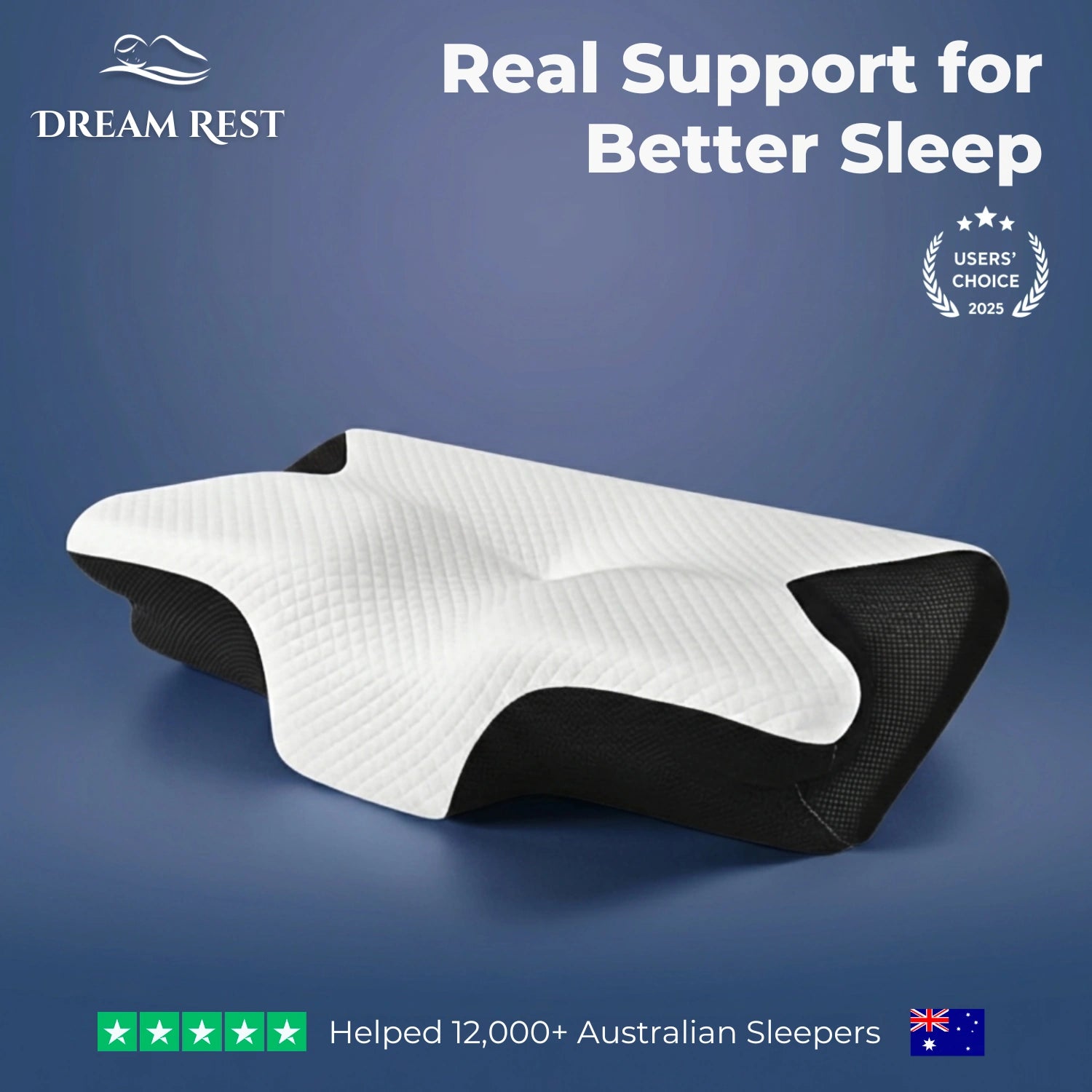 Dream Rest ergonomic pillow with branding and text on a blue background